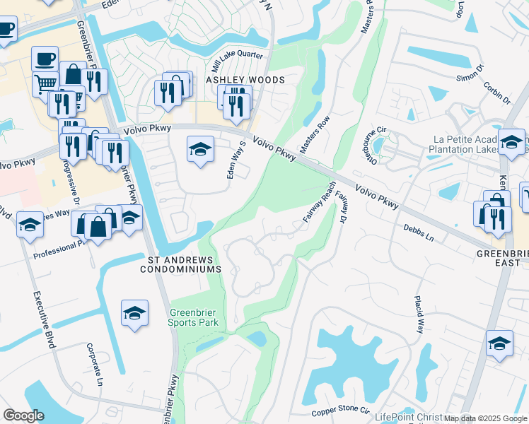 map of restaurants, bars, coffee shops, grocery stores, and more near 1309 Fairways Lookout in Chesapeake