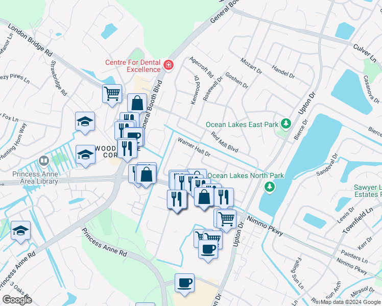 map of restaurants, bars, coffee shops, grocery stores, and more near 1200 Brookhill Court in Virginia Beach