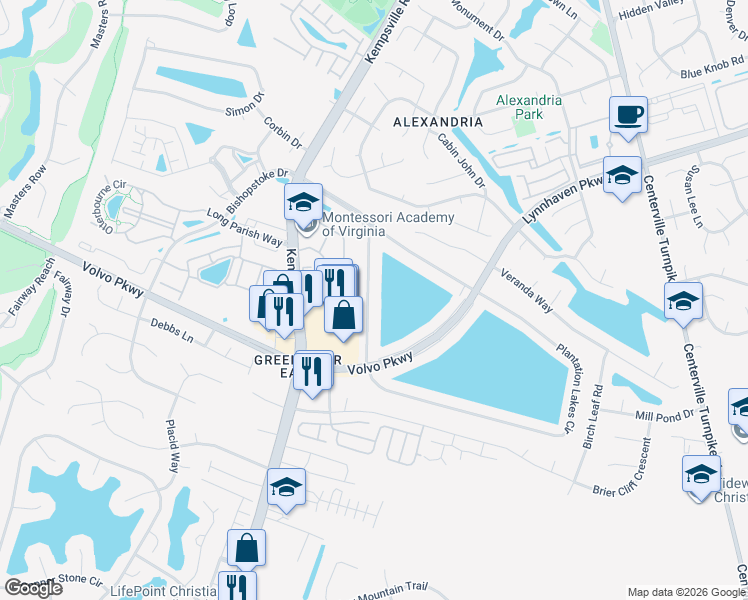 map of restaurants, bars, coffee shops, grocery stores, and more near 1517 Plantation Lakes Circle in Chesapeake