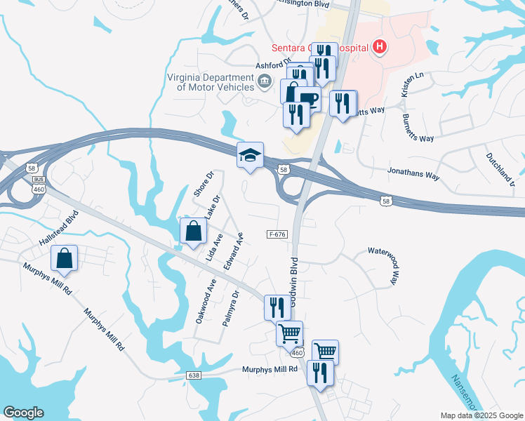 map of restaurants, bars, coffee shops, grocery stores, and more near 2293 William Reid Drive in Suffolk