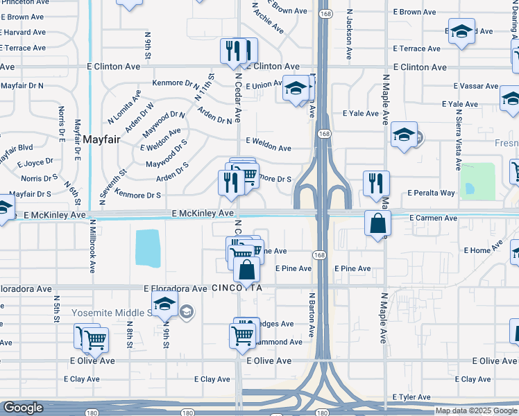 map of restaurants, bars, coffee shops, grocery stores, and more near 4395 East McKinley Avenue in Fresno