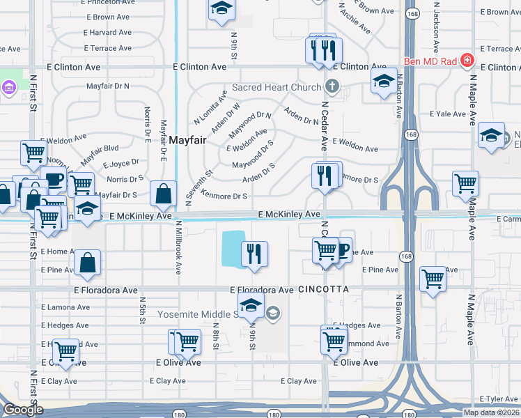 map of restaurants, bars, coffee shops, grocery stores, and more near 3911 East McKinley Avenue in Fresno