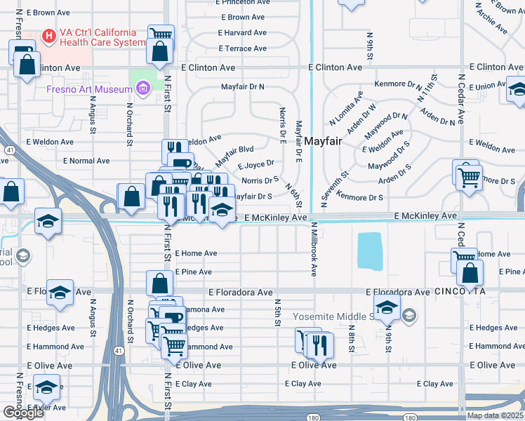 map of restaurants, bars, coffee shops, grocery stores, and more near 3490 East McKinley Avenue in Fresno