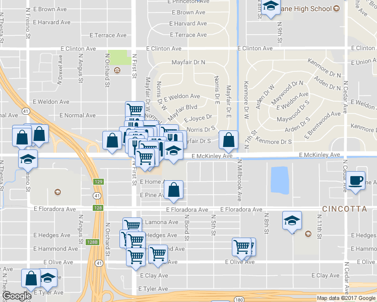 map of restaurants, bars, coffee shops, grocery stores, and more near 3404 East McKinley Avenue in Fresno