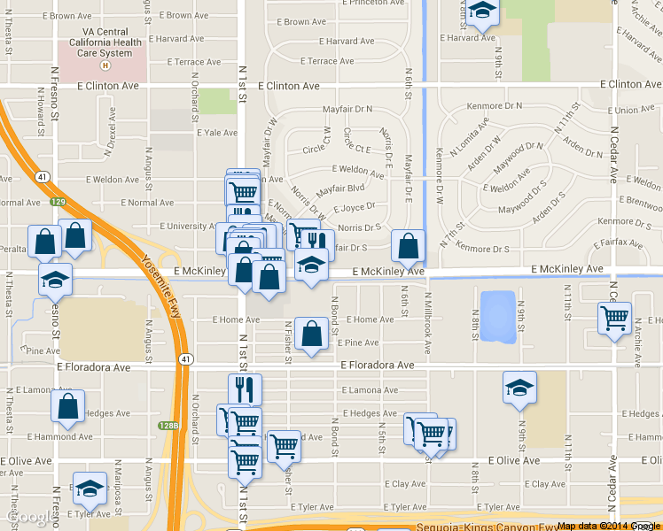 map of restaurants, bars, coffee shops, grocery stores, and more near 3404 East McKinley Avenue in Fresno