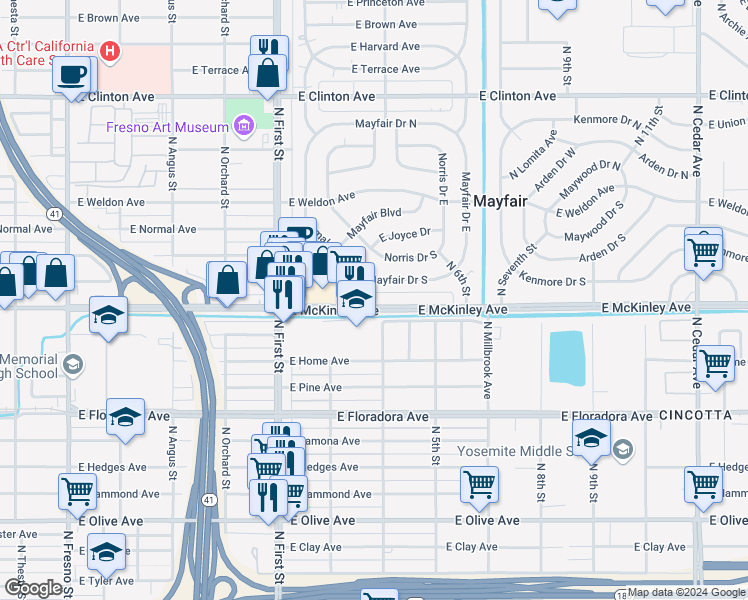 map of restaurants, bars, coffee shops, grocery stores, and more near in Fresno