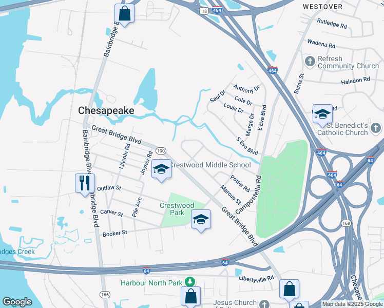 map of restaurants, bars, coffee shops, grocery stores, and more near 531 Marcus Street in Chesapeake