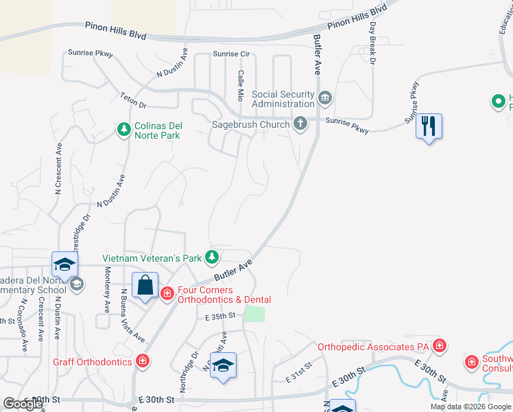 map of restaurants, bars, coffee shops, grocery stores, and more near 4100 Vista Pinon Drive in Farmington
