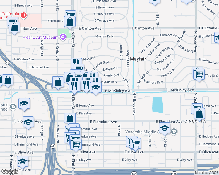 map of restaurants, bars, coffee shops, grocery stores, and more near 3435 East McKinley Avenue in Fresno
