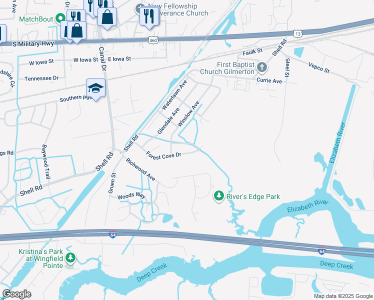map of restaurants, bars, coffee shops, grocery stores, and more near 1514 Forest Cove Drive in Chesapeake