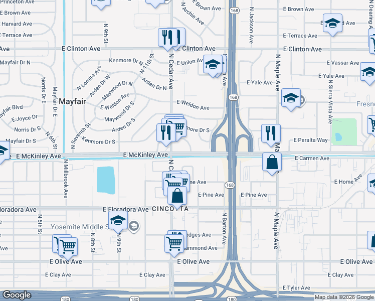 map of restaurants, bars, coffee shops, grocery stores, and more near 4313 East McKinley Avenue in Fresno