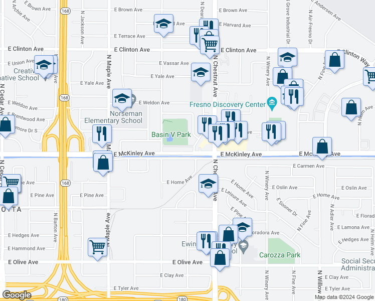 map of restaurants, bars, coffee shops, grocery stores, and more near 4751 East McKinley Avenue in Fresno