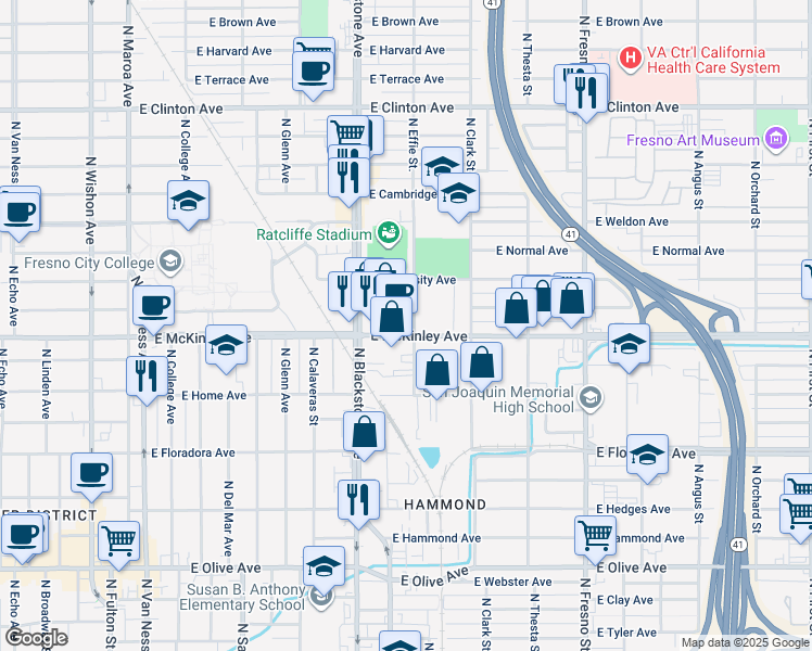 map of restaurants, bars, coffee shops, grocery stores, and more near 1593 North Effie Street in Fresno