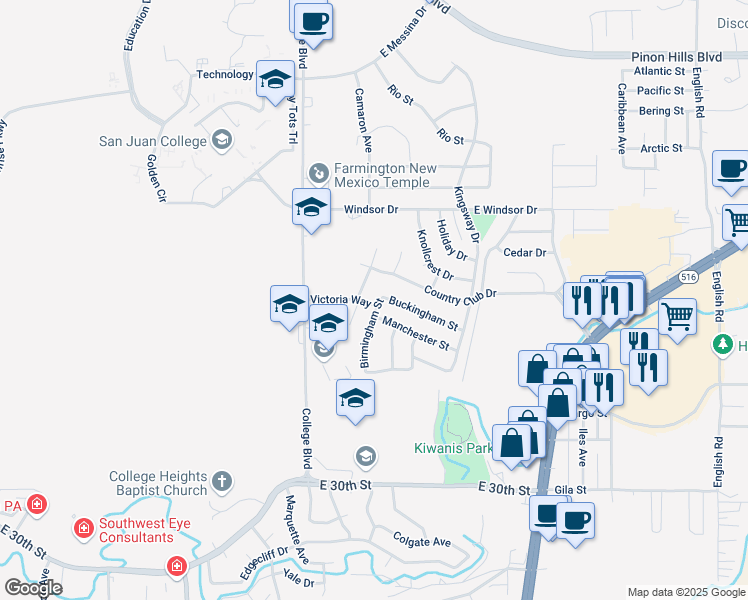 map of restaurants, bars, coffee shops, grocery stores, and more near 4001 Birmingham Street in Farmington