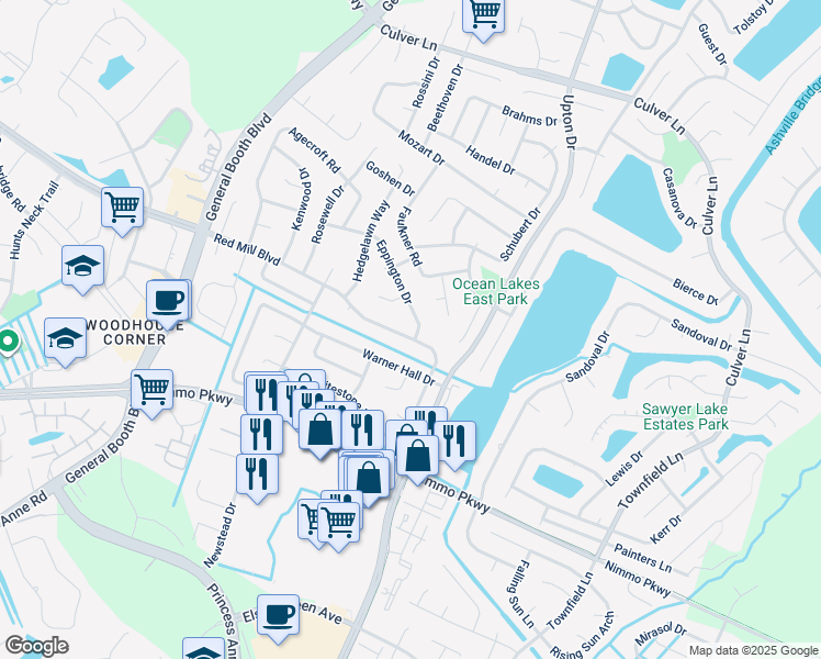 map of restaurants, bars, coffee shops, grocery stores, and more near 1100 Red Mill Boulevard in Virginia Beach