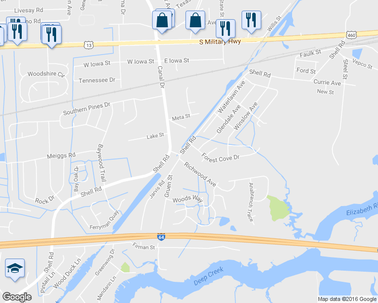 map of restaurants, bars, coffee shops, grocery stores, and more near 1209 Shell Road in Chesapeake