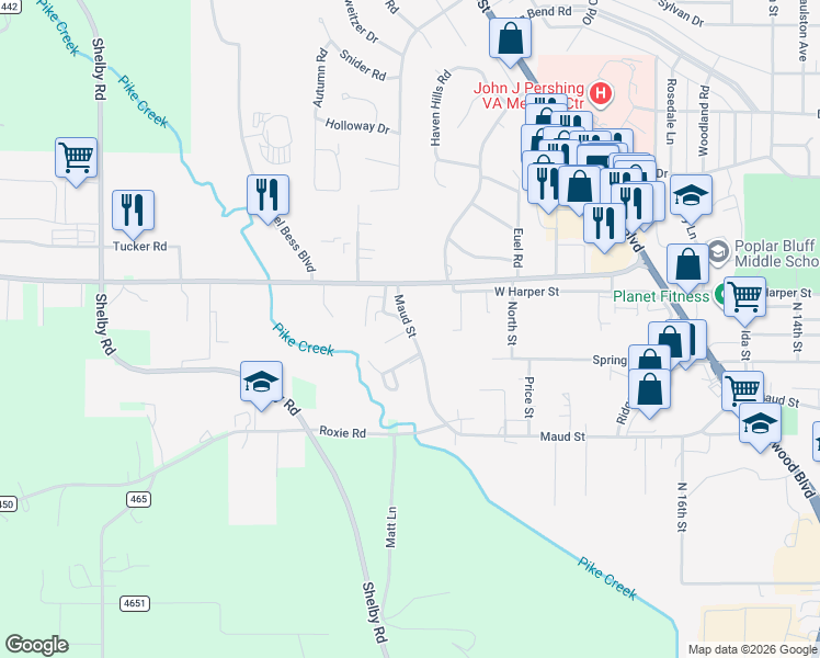 map of restaurants, bars, coffee shops, grocery stores, and more near 2390 Maud Street in Poplar Bluff