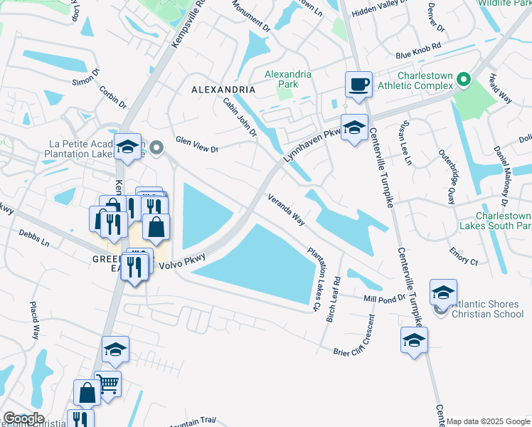 map of restaurants, bars, coffee shops, grocery stores, and more near 1205 Plantation Lakes Circle in Chesapeake