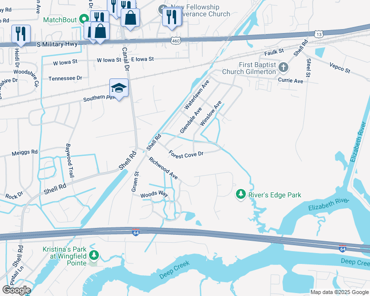 map of restaurants, bars, coffee shops, grocery stores, and more near 1317 Bramblewood Court in Chesapeake