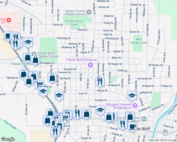 map of restaurants, bars, coffee shops, grocery stores, and more near 1012 North Main Street in Poplar Bluff