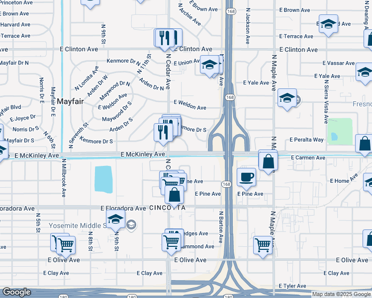 map of restaurants, bars, coffee shops, grocery stores, and more near 4395 East McKinley Avenue in Fresno