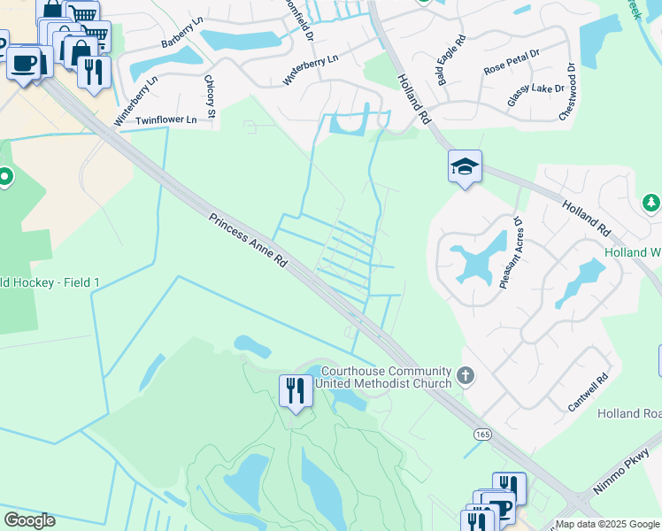 map of restaurants, bars, coffee shops, grocery stores, and more near 2997 Bermuda Grass Loop in Virginia Beach