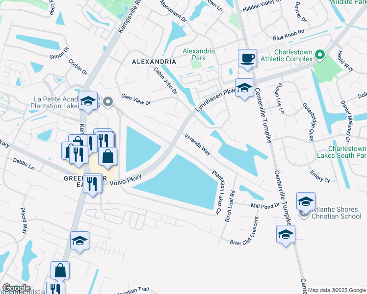 map of restaurants, bars, coffee shops, grocery stores, and more near 1205 Plantation Lakes Circle in Chesapeake