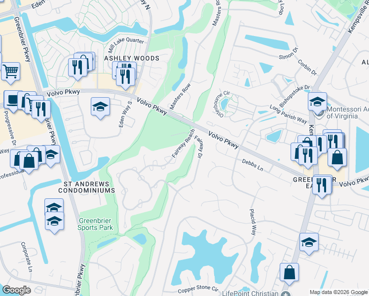 map of restaurants, bars, coffee shops, grocery stores, and more near 1317 Eagles Trace Path in Chesapeake