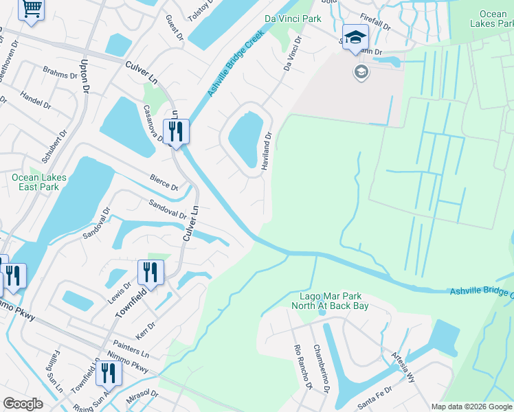 map of restaurants, bars, coffee shops, grocery stores, and more near 1121 Tibbetstown Court in Virginia Beach