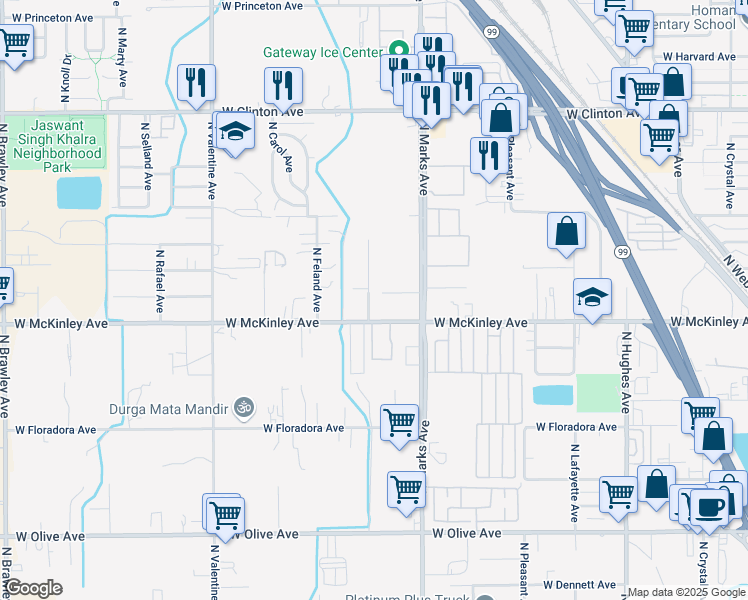 map of restaurants, bars, coffee shops, grocery stores, and more near 2036 North Lead Avenue in Fresno