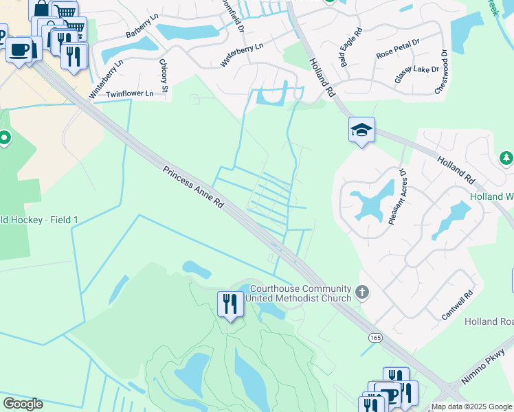 map of restaurants, bars, coffee shops, grocery stores, and more near 2997 Bermuda Grass Loop in Virginia Beach