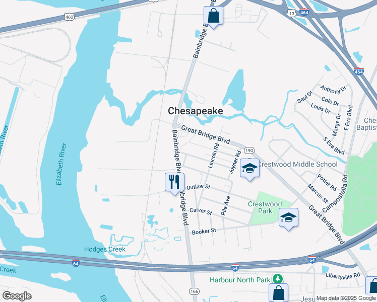map of restaurants, bars, coffee shops, grocery stores, and more near 106 Gregg Street in Chesapeake