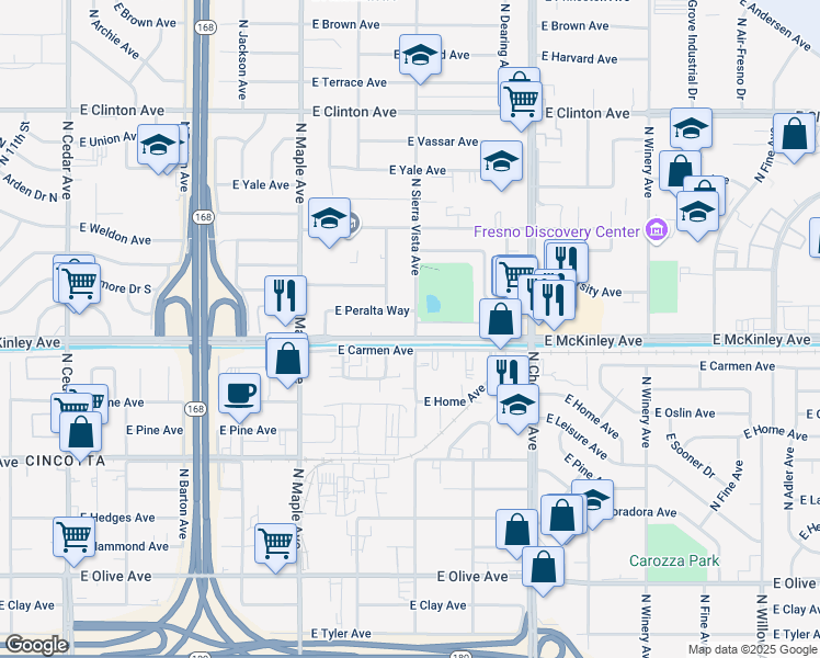 map of restaurants, bars, coffee shops, grocery stores, and more near 4703 East McKinley Avenue in Fresno