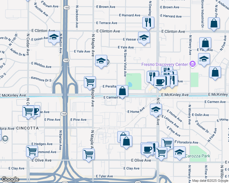 map of restaurants, bars, coffee shops, grocery stores, and more near 4678 East McKinley Avenue in Fresno