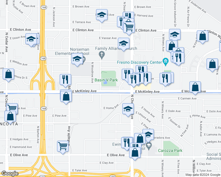 map of restaurants, bars, coffee shops, grocery stores, and more near 4731 East McKinley Avenue in Fresno