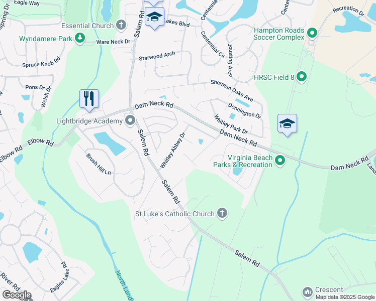 map of restaurants, bars, coffee shops, grocery stores, and more near 3817 Southcross Court in Virginia Beach