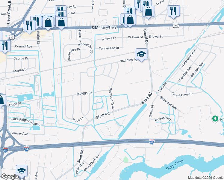 map of restaurants, bars, coffee shops, grocery stores, and more near 629 Baywood Trail in Chesapeake