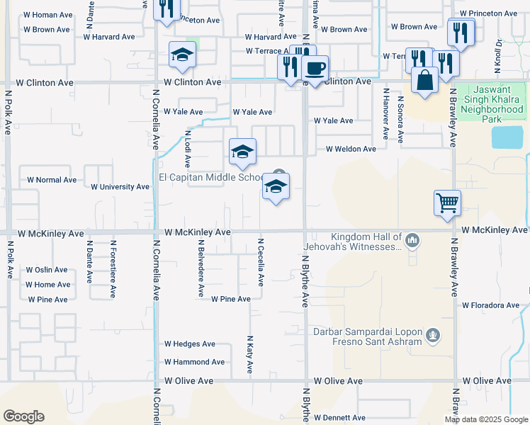 map of restaurants, bars, coffee shops, grocery stores, and more near 2022 North Cecelia Avenue in Fresno