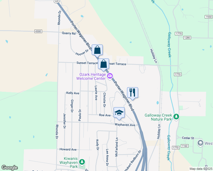 map of restaurants, bars, coffee shops, grocery stores, and more near 2961 Christie Drive in West Plains