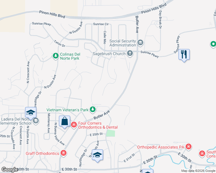 map of restaurants, bars, coffee shops, grocery stores, and more near 4100 Vista Pinon Drive in Farmington