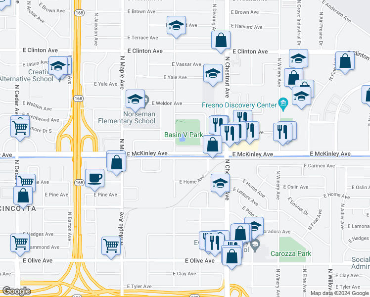 map of restaurants, bars, coffee shops, grocery stores, and more near 4721 East McKinley Avenue in Fresno