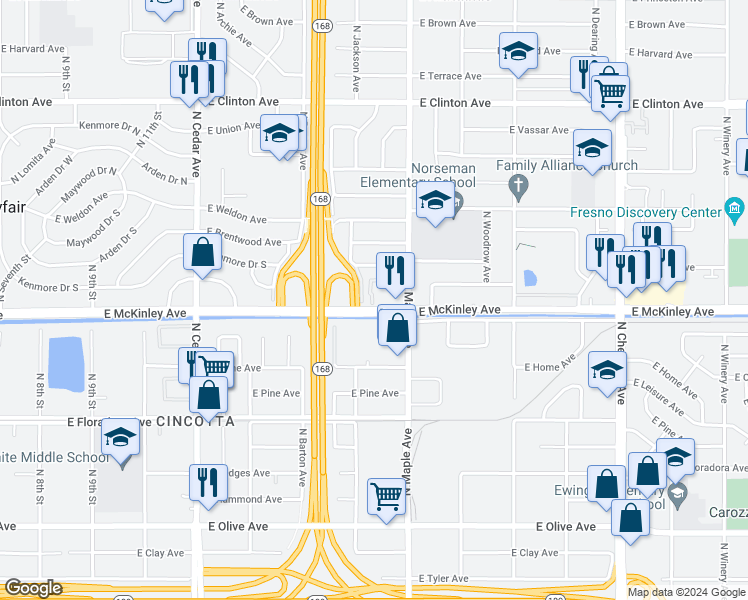 map of restaurants, bars, coffee shops, grocery stores, and more near 4585 East McKinley Avenue in Fresno