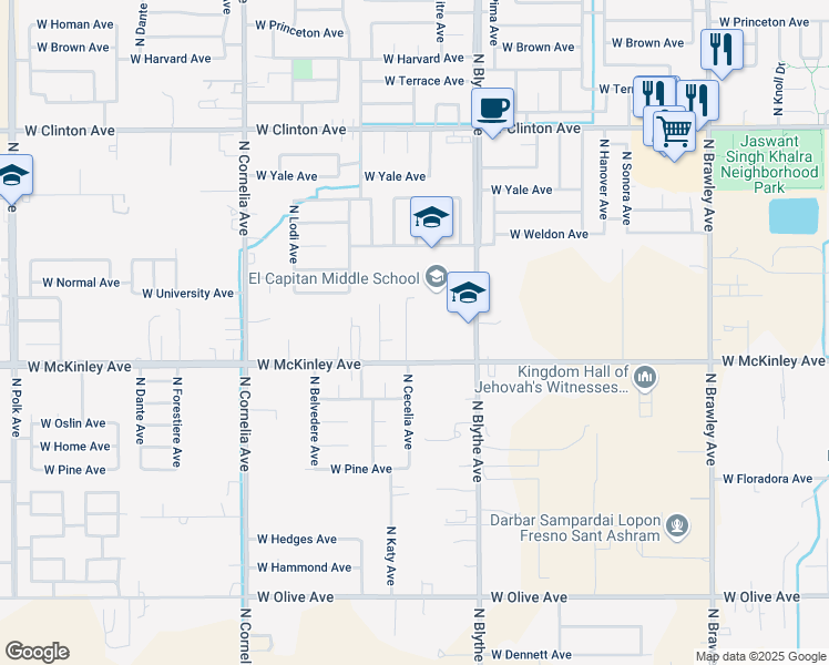 map of restaurants, bars, coffee shops, grocery stores, and more near 2022 North Cecelia Avenue in Fresno