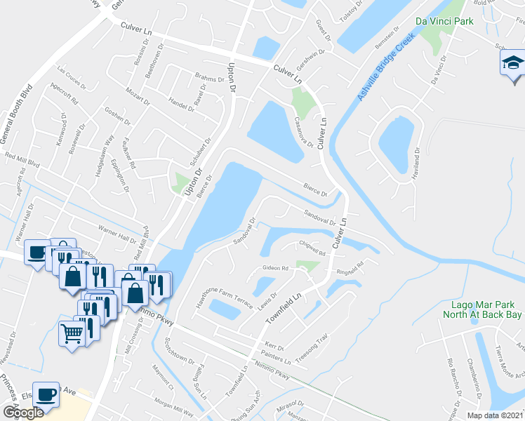 map of restaurants, bars, coffee shops, grocery stores, and more near 960 Sandoval Drive in Virginia Beach