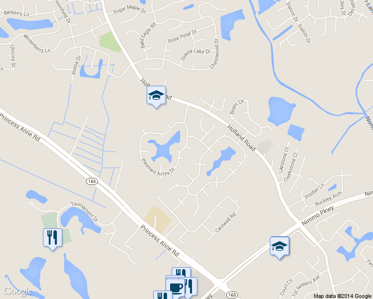 map of restaurants, bars, coffee shops, grocery stores, and more near 2105 Saw Mill Court in Virginia Beach