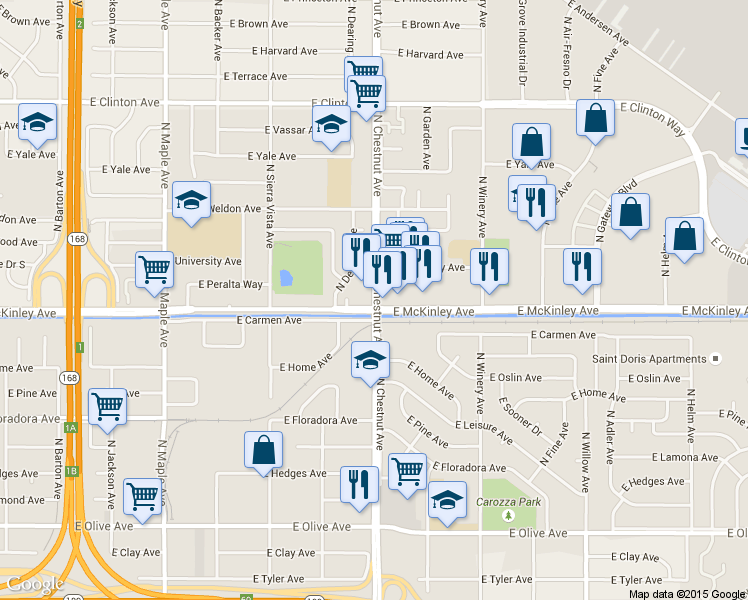 map of restaurants, bars, coffee shops, grocery stores, and more near North Chestnut Avenue in Fresno