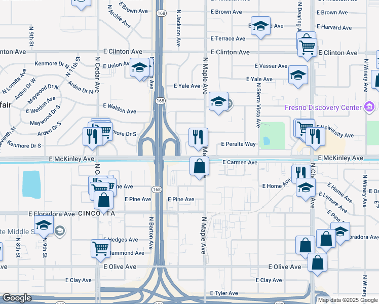 map of restaurants, bars, coffee shops, grocery stores, and more near 4585 East McKinley Avenue in Fresno