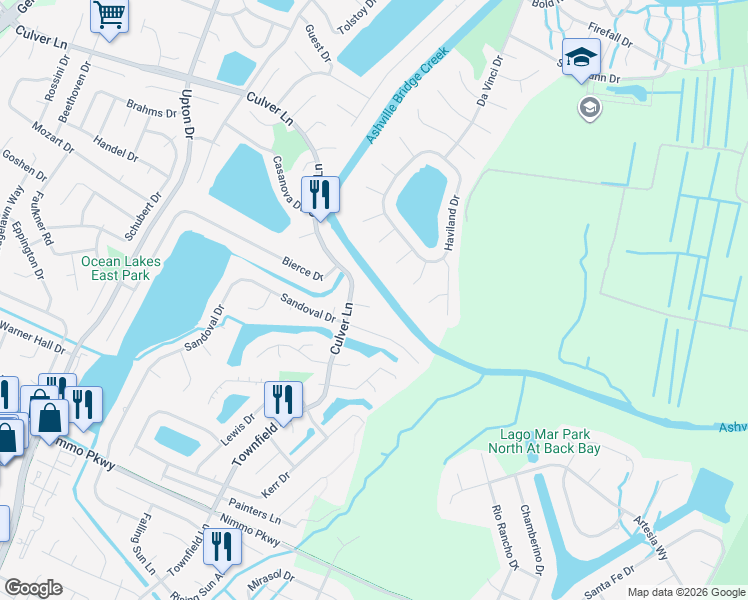 map of restaurants, bars, coffee shops, grocery stores, and more near 804 Alger Court in Virginia Beach