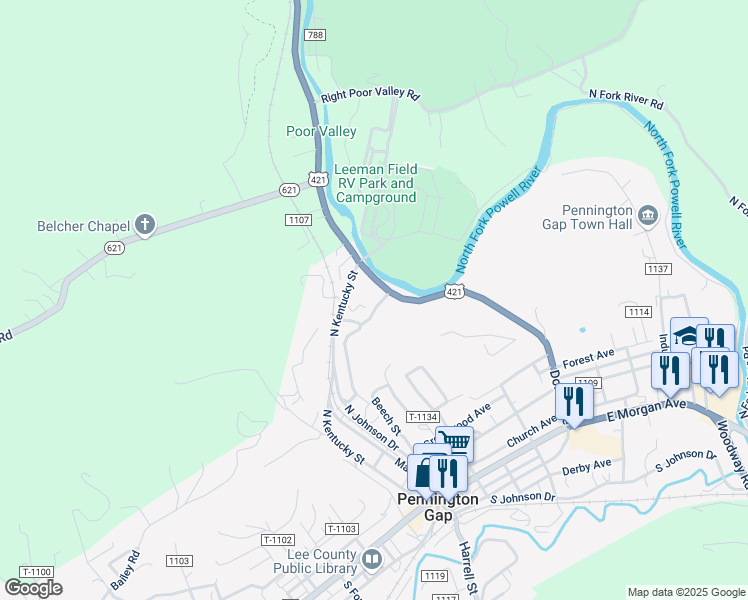 map of restaurants, bars, coffee shops, grocery stores, and more near 62 U.S. 421 in Pennington Gap