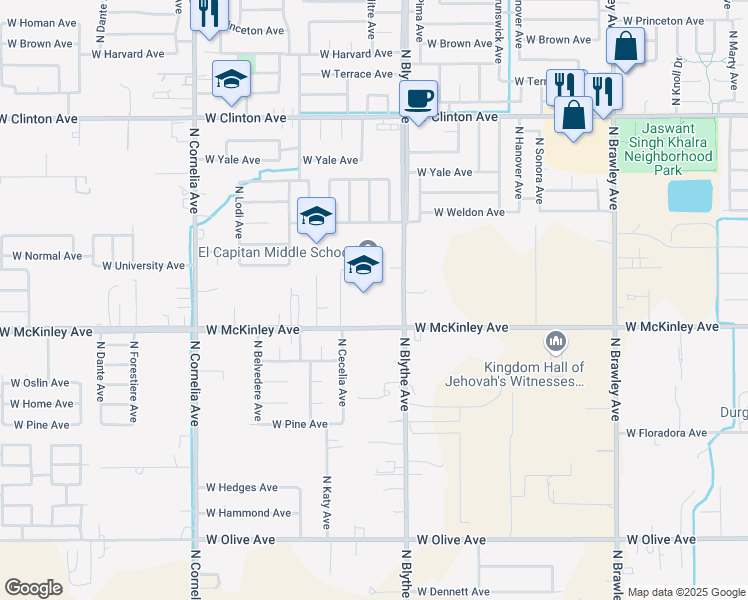 map of restaurants, bars, coffee shops, grocery stores, and more near 4444 West McKinley Avenue in Fresno